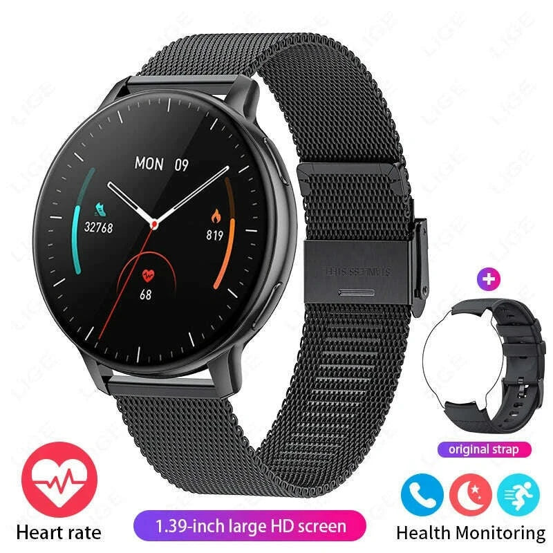 KIMLUD, LIGE Bluetooth Call Smart Watch Women Custom Dial Steel Watches Men Sports Fitness Tracker Heart Rate Smartwatch For Android IOS, mesh belt black, KIMLUD APPAREL - Womens Clothes