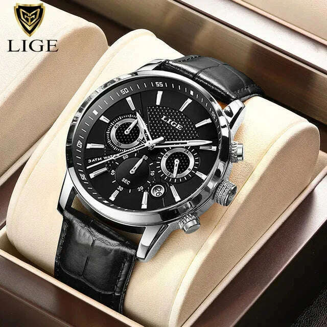 KIMLUD, LIGE Fashion Watch for Men Top Brand Luxury Business Men Watches Sport Quartz Chronograph Waterproof Wristwatch Man Reloj Hombre, Silver black, KIMLUD APPAREL - Womens Clothes