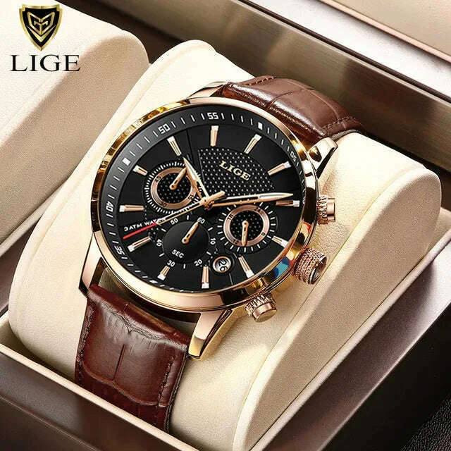 KIMLUD, LIGE Fashion Watch for Men Top Brand Luxury Business Men Watches Sport Quartz Chronograph Waterproof Wristwatch Man Reloj Hombre, Rose gold black, KIMLUD APPAREL - Womens Clothes