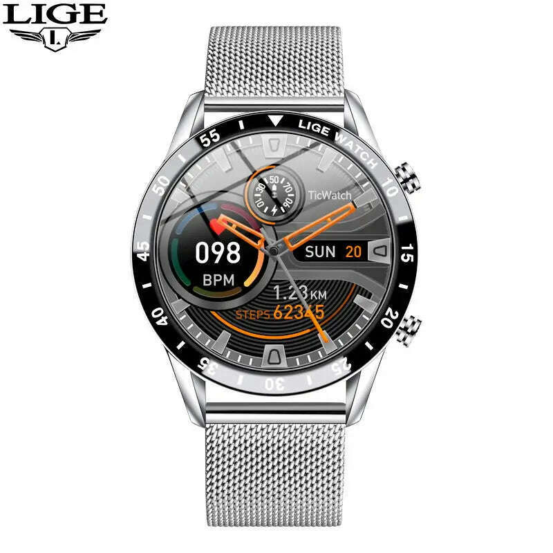 LIGE Luxury Full Circle Touch Screen Men Smart Watch Bluetooth Call Steel Band Waterproof Sports Fitness Watch For Android IOS - KIMLUD