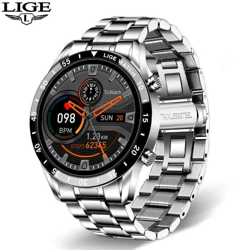 LIGE Luxury Full Circle Touch Screen Men Smart Watch Bluetooth Call Steel Band Waterproof Sports Fitness Watch For Android IOS - KIMLUD