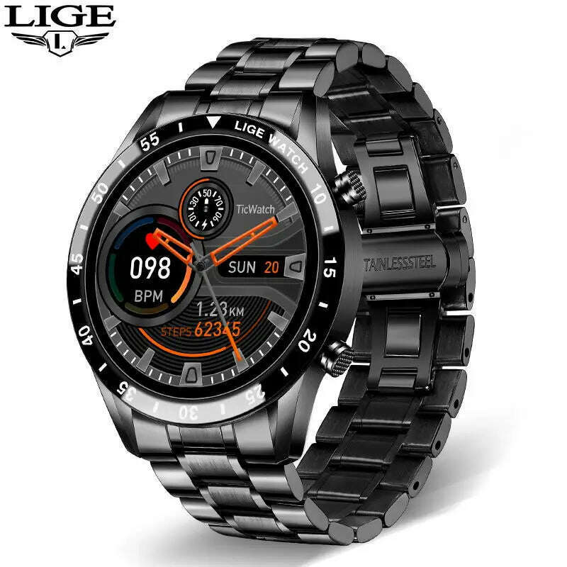 LIGE Luxury Full Circle Touch Screen Men Smart Watch Bluetooth Call Steel Band Waterproof Sports Fitness Watch For Android IOS - KIMLUD