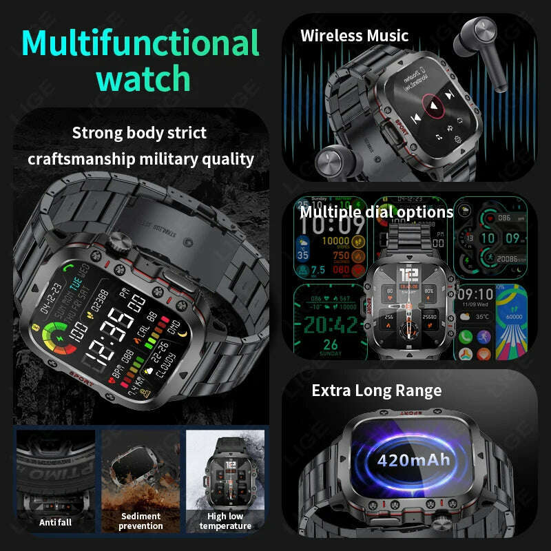 KIMLUD, LIGE New Smartwatch Men's Rugged Military Bluetooth Call Sport Heart Rate IP68 Waterproof Outdoor Smart Watches for Android IOS, KIMLUD Womens Clothes