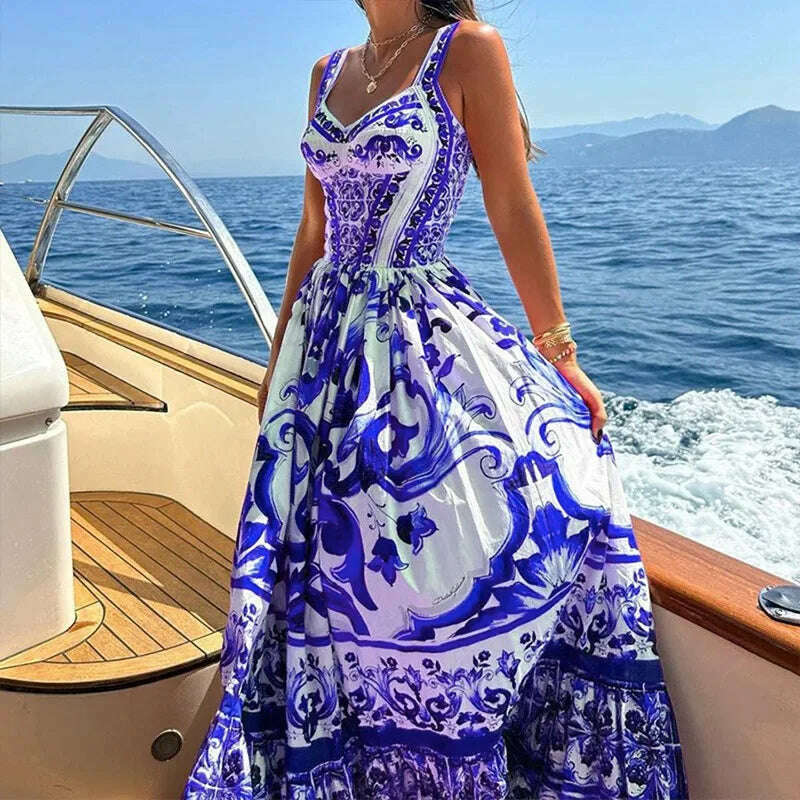 KIMLUD, Light Luxury Medium to Long Printed Strap Dress, Bohemian Style, Elegant, European and American, Summer, New, 2024, PURPLE / XL, KIMLUD APPAREL - Womens Clothes