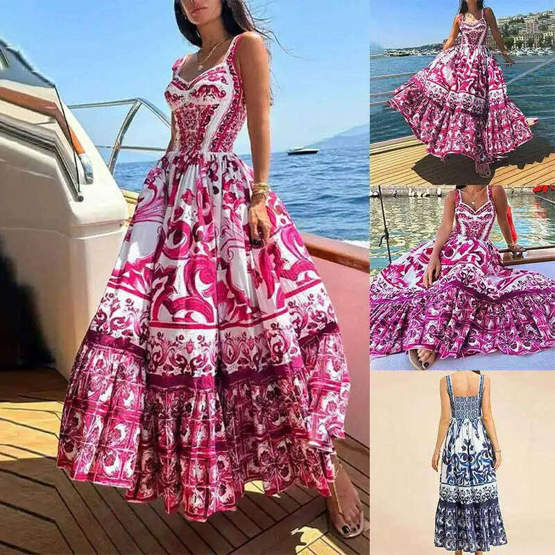 KIMLUD, Light Luxury Medium to Long Printed Strap Dress, Bohemian Style, Elegant, European and American, Summer, New, 2024, KIMLUD Womens Clothes