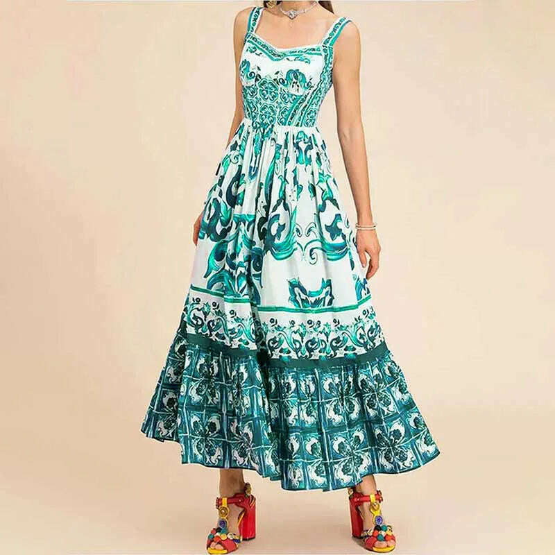 KIMLUD, Light Luxury Medium to Long Printed Strap Dress, Bohemian Style, Elegant, European and American, Summer, New, 2024, green / M, KIMLUD APPAREL - Womens Clothes