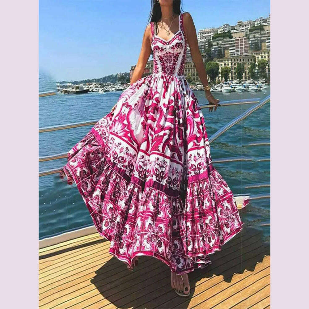 KIMLUD, Light Luxury Medium to Long Printed Strap Dress, Bohemian Style, Elegant, European and American, Summer, New, 2024, Rose Red / XL, KIMLUD APPAREL - Womens Clothes