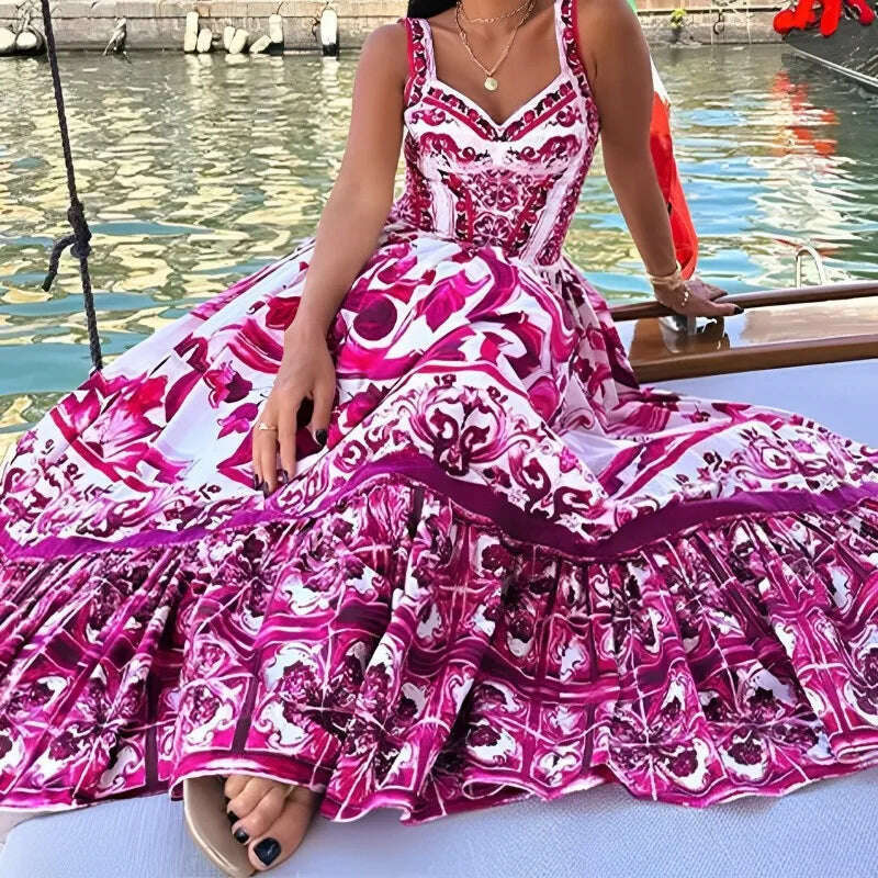 KIMLUD, Light Luxury Medium to Long Printed Strap Dress, Bohemian Style, Elegant, European and American, Summer, New, 2024, KIMLUD Womens Clothes