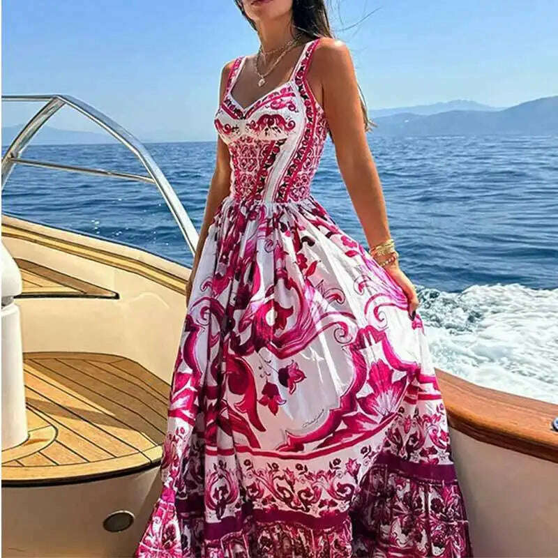 KIMLUD, Light Luxury Medium to Long Printed Strap Dress, Bohemian Style, Elegant, European and American, Summer, New, 2024, KIMLUD Womens Clothes