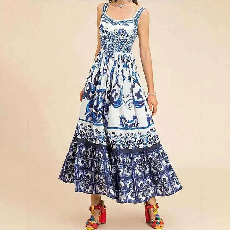 KIMLUD, Light Luxury Medium to Long Printed Strap Dress, Bohemian Style, Elegant, European and American, Summer, New, 2024, KIMLUD Womens Clothes