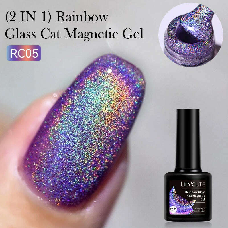 KIMLUD, LILYCUTE 7ML Rainbow Glass Cat Magnetic Gel Nail Polish Super-Bright Colorful Glitter Sparkling Manicure Semi Permanent Nail Gel, LC-RC05, KIMLUD APPAREL - Womens Clothes