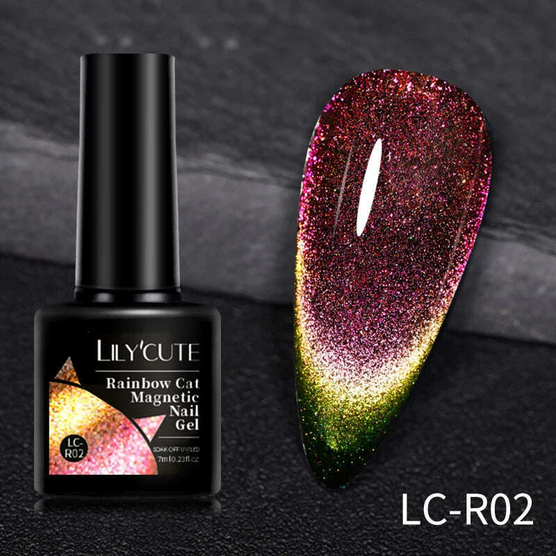 KIMLUD, LILYCUTE 7ML Sparkling Glitter Rainbow Cat Magnetic Gel Nail Polish 9D Colorful  Semi Permanent Soak Off Nail Art UV Gel Varnish, LC-R02, KIMLUD APPAREL - Womens Clothes