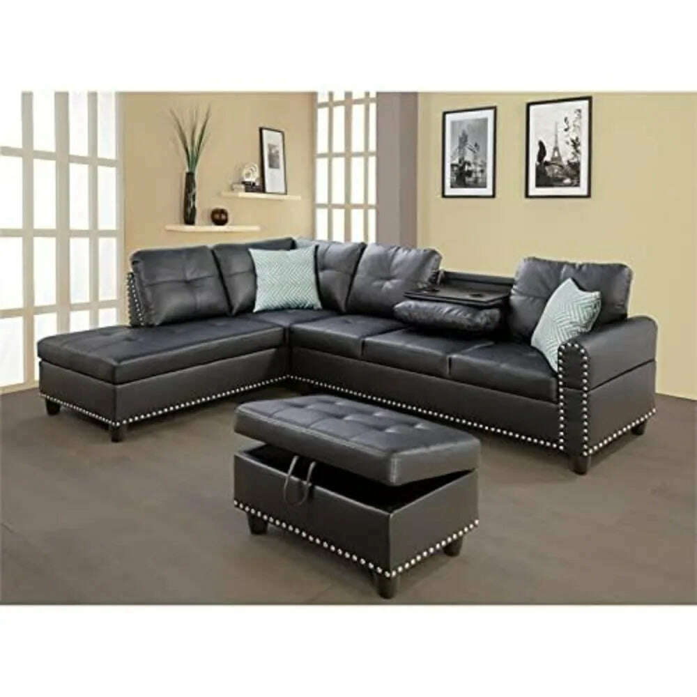 Living Room Sofa, L-Shape PU Leather Sectional Couch Set with Storage, Chaise, Ottoman, 2 Cup Holders & 2 Toss Pillow, Black - KIMLUD