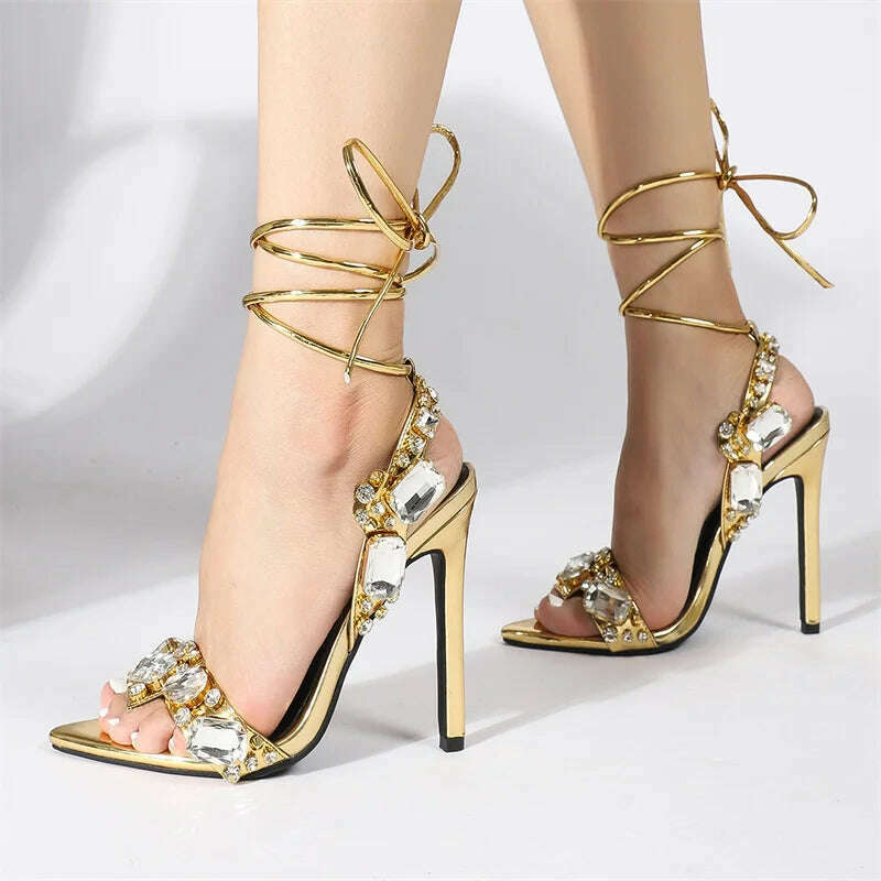 KIMLUD, Liyke Sexy Ankle Strap Golded Sandals Women Party Nightclub Stripper Heels High Quality Crystal Diamond Pointed Toe Wedding Shoe, KIMLUD Womens Clothes