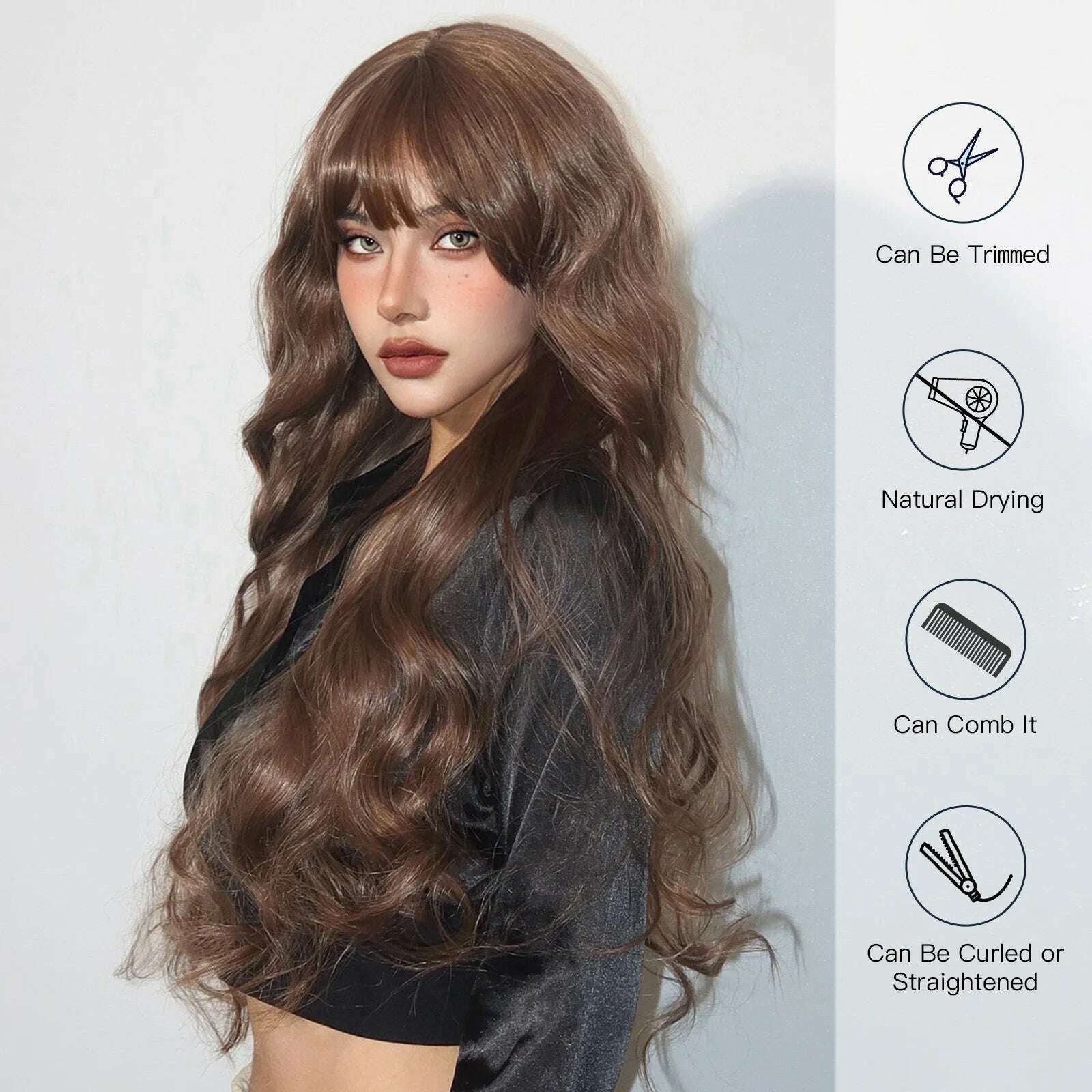 Long Body Wave Synthetic Wigs Dark Brown Wavy Wig with Bangs Chocolate Brown Hair for Women Full Wig Heat Resistant Daily Use - KIMLUD