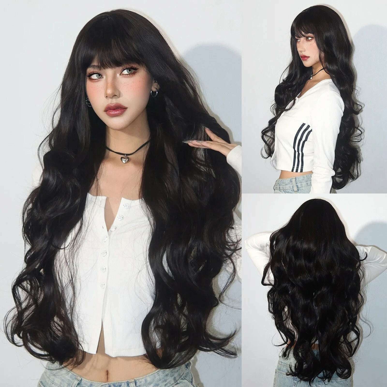 Long Body Wave Synthetic Wigs Dark Brown Wavy Wig with Bangs Chocolate Brown Hair for Women Full Wig Heat Resistant Daily Use - KIMLUD