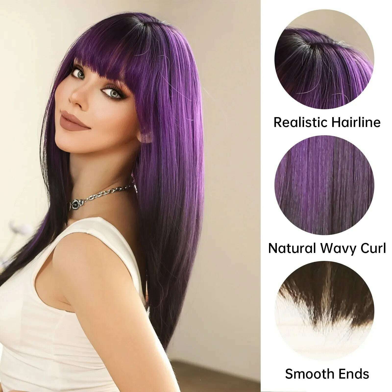 KIMLUD, Long Purple Black Ombre Synthetic Wig Straight Wigs with Bangs for Women Cosplay Lolita Wigs Daily Natural Heat Resistant Fibre, KIMLUD Womens Clothes