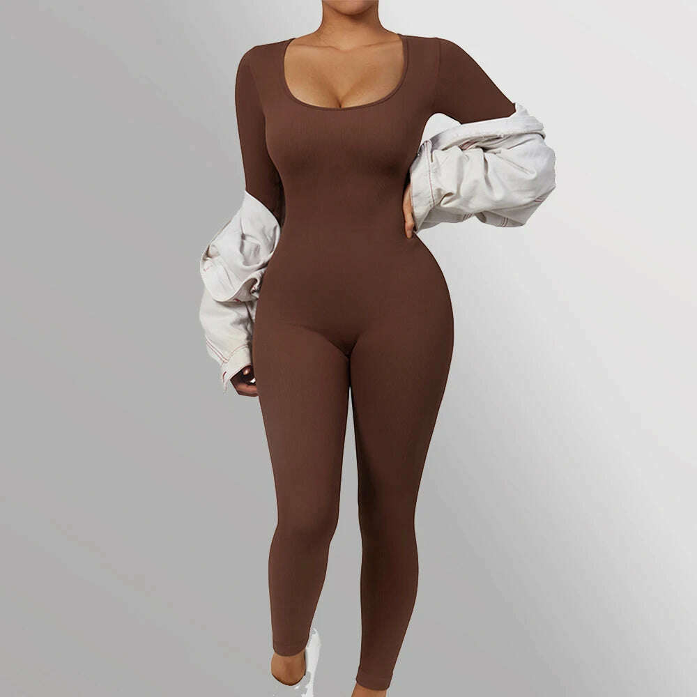 Long Sleeve Jumpsuit Women Bodycon One-piece Outfit Jumpsuit Square Neck Casual Streetwear Rompers Overalls playsuits Bodysuit - KIMLUD