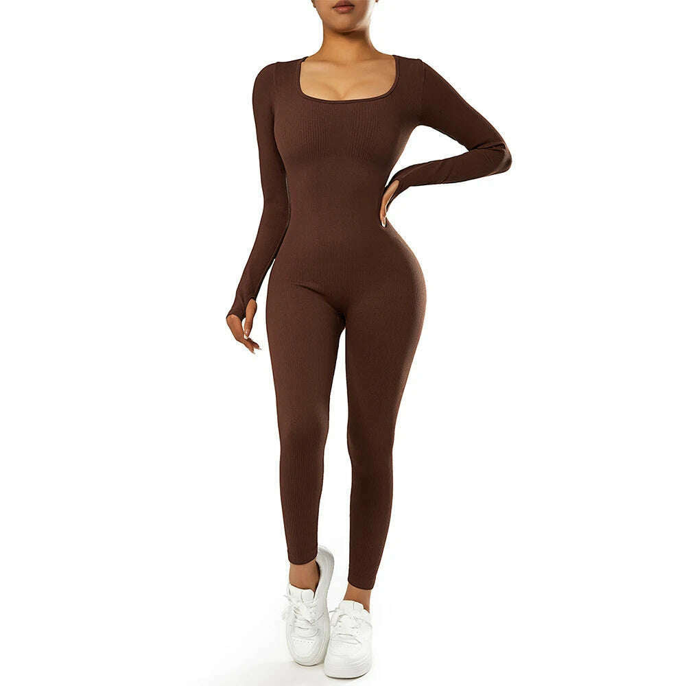 KIMLUD, Long Sleeve Jumpsuit Women Bodycon One-piece Outfit Jumpsuit Square Neck Casual Streetwear Rompers Overalls playsuits Bodysuit, SJ003BR / M, KIMLUD APPAREL - Womens Clothes