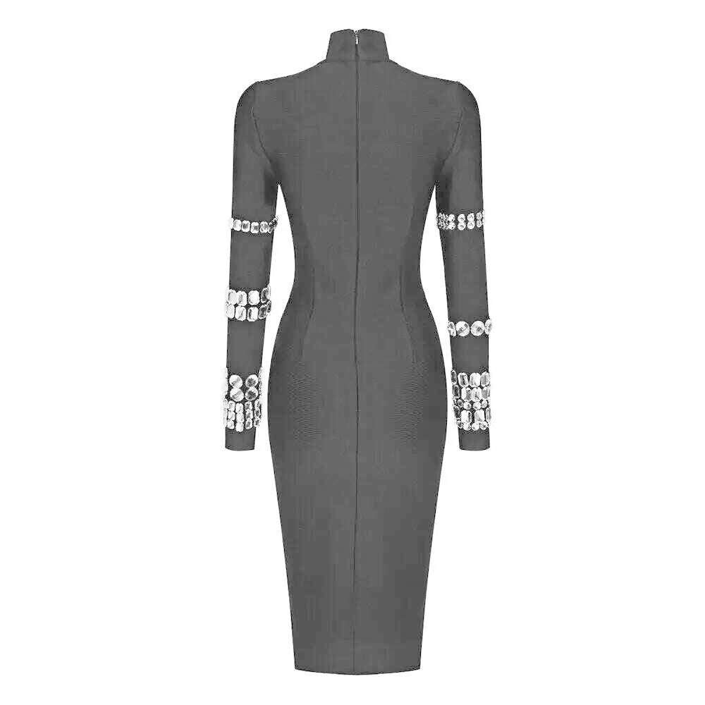 KIMLUD, Long Sleeve Luxury Diamonds Bandage Dress Women Turn-down Collor Crystal Design Midi Bodycon Elegant Celebrity Party Dresses, black / S / CHINA, KIMLUD APPAREL - Womens Clothes