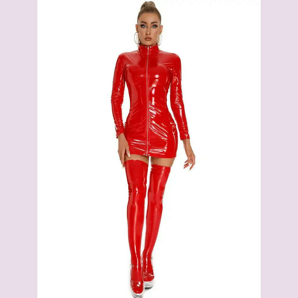 KIMLUD, Long Sleeve Wet Look PVC Vestido Front Zipper Shiny PU Leather Hot Dress Tight Package Hip Minifalda Sexy Dresses Miniskirt Robe, KIMLUD Womens Clothes