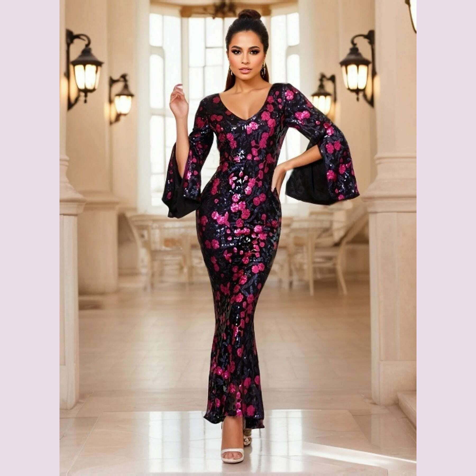 KIMLUD, Long Sleeves Sexy V Neck Celebrity Party Dress Flowers Sequined Elegant Celebrity Evening Prom Gown Cocktail Dresses Women 2024, KIMLUD Womens Clothes