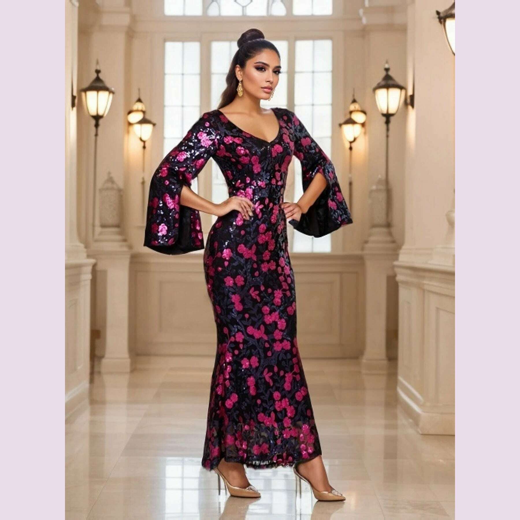 KIMLUD, Long Sleeves Sexy V Neck Celebrity Party Dress Flowers Sequined Elegant Celebrity Evening Prom Gown Cocktail Dresses Women 2024, Pink / S, KIMLUD APPAREL - Womens Clothes