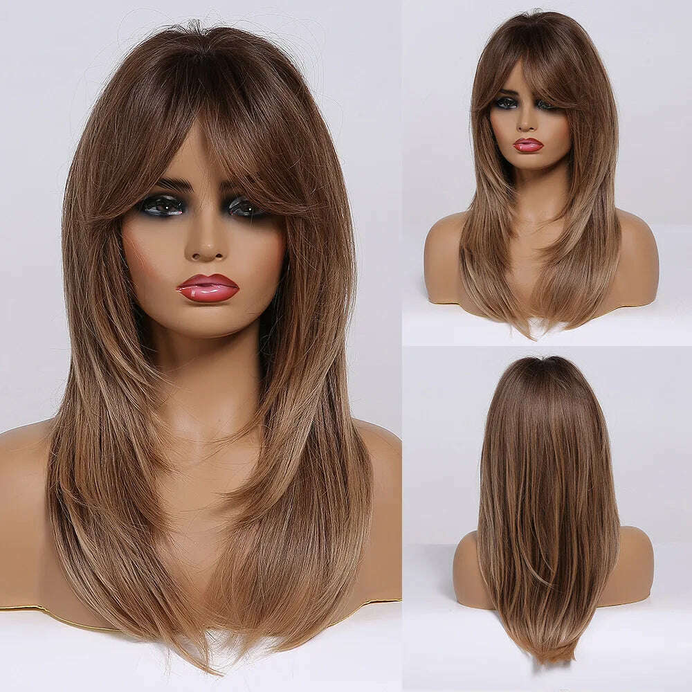 KIMLUD, Long Straight Ginger Copper to Brown Ombre Cosplay Hair Wig Long Layered Synthetic Wigs with Bangs for White Women Korean Use, Wig-LC259-5, KIMLUD APPAREL - Womens Clothes