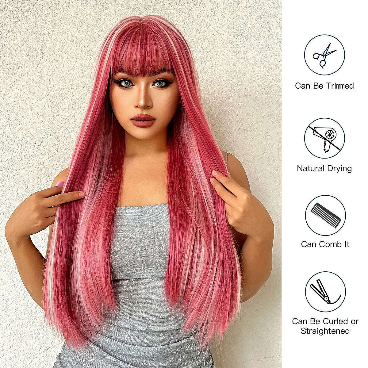 KIMLUD, Long Straight Pink Mixed White Synthetic Wigs with Bangs Halloween Cosplay Colorful Wigs for Women Natural Hair Heat Resistant, KIMLUD Womens Clothes