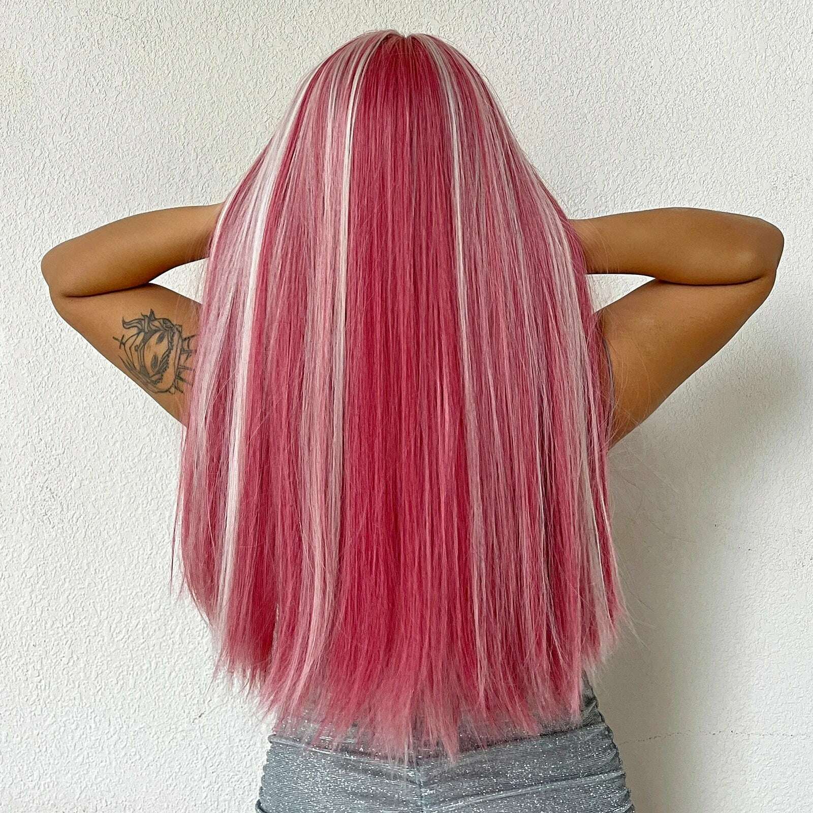 KIMLUD, Long Straight Pink Mixed White Synthetic Wigs with Bangs Halloween Cosplay Colorful Wigs for Women Natural Hair Heat Resistant, KIMLUD Womens Clothes