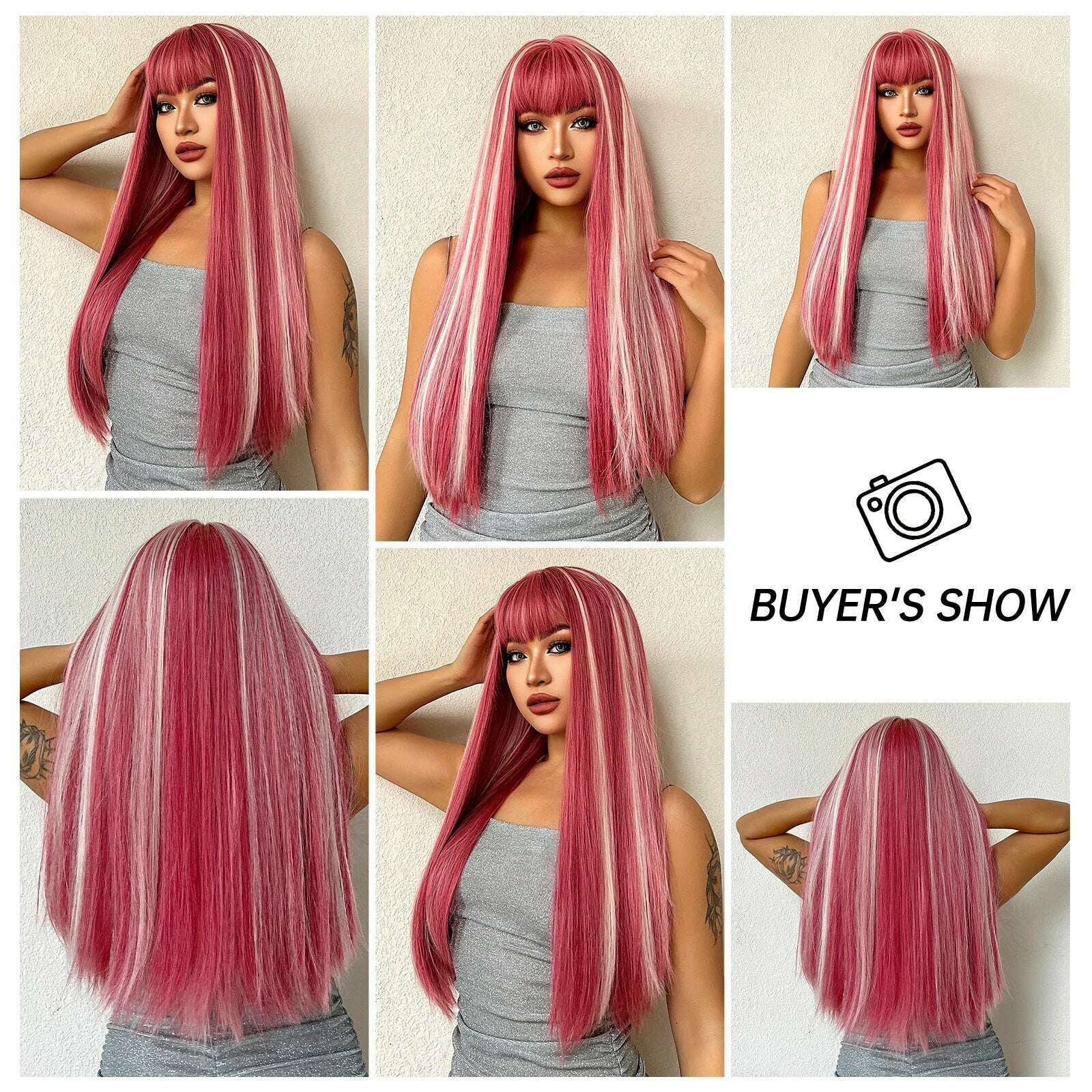 KIMLUD, Long Straight Pink Mixed White Synthetic Wigs with Bangs Halloween Cosplay Colorful Wigs for Women Natural Hair Heat Resistant, KIMLUD Womens Clothes