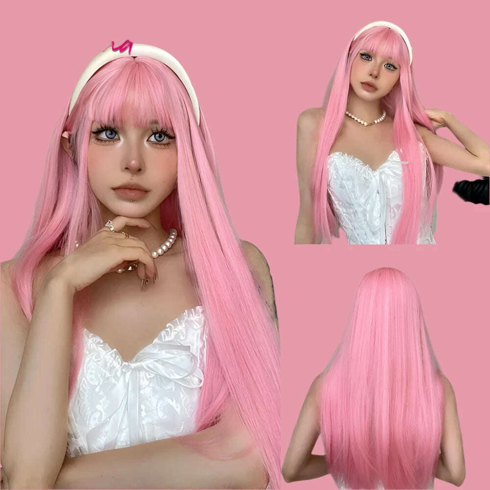 KIMLUD, Long Straight Pink Mixed White Synthetic Wigs with Bangs Halloween Cosplay Colorful Wigs for Women Natural Hair Heat Resistant, WL1092-2 / CN, KIMLUD APPAREL - Womens Clothes