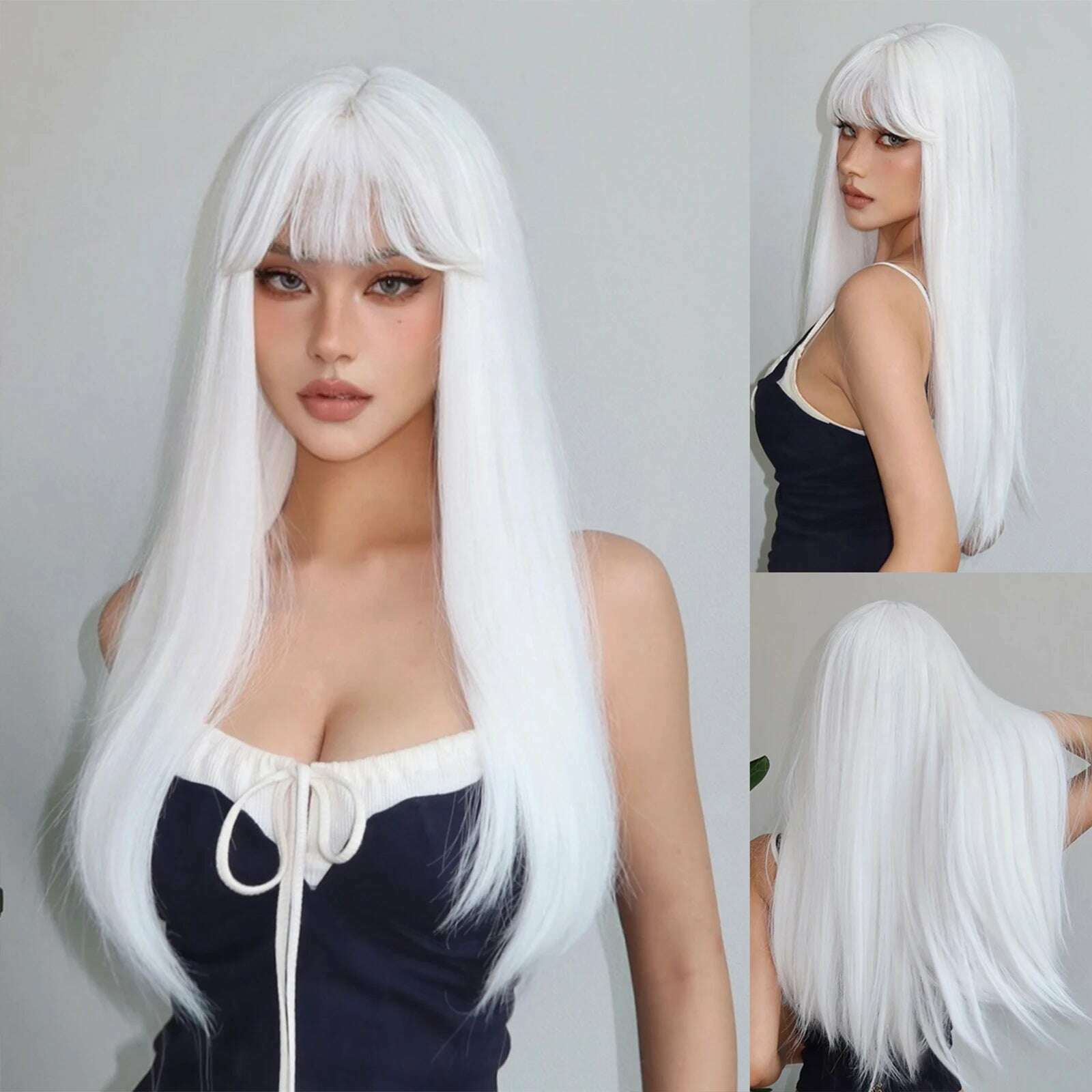 KIMLUD, Long Straight Pink Mixed White Synthetic Wigs with Bangs Halloween Cosplay Colorful Wigs for Women Natural Hair Heat Resistant, KIMLUD Womens Clothes