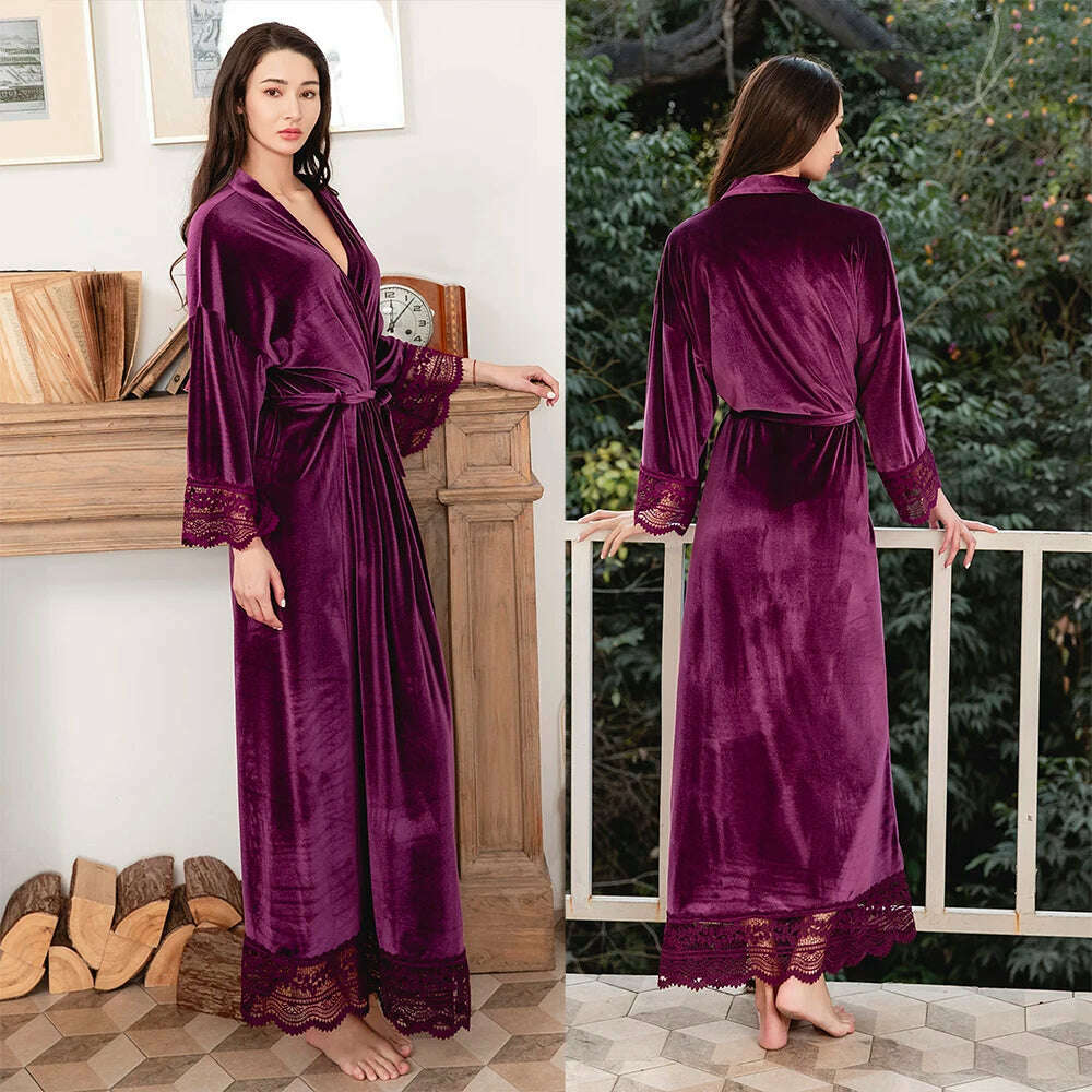 KIMLUD, Long Velvet Robes with Lace Robe Women Bride Bridesmaid Kimono Bathrobe Party Soft Lady Wedding Homewear Warm Velvet Robe Gown, KIMLUD Womens Clothes