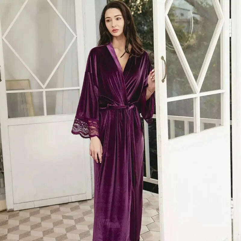 Long Velvet Robes with Lace Robe Women Bride Bridesmaid Kimono Bathrobe Party Soft Lady Wedding Homewear Warm Velvet Robe Gown - KIMLUD