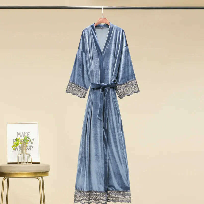 KIMLUD, Long Velvet Robes with Lace Robe Women Bride Bridesmaid Kimono Bathrobe Party Soft Lady Wedding Homewear Warm Velvet Robe Gown, Blue / Plus size, KIMLUD APPAREL - Womens Clothes