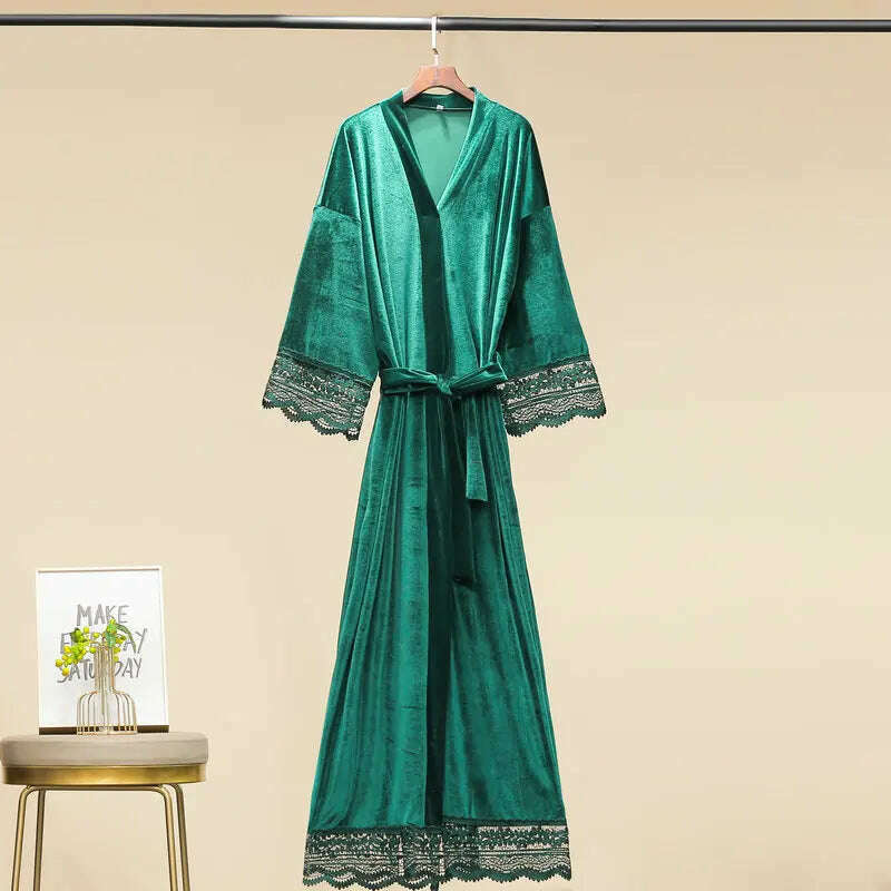 KIMLUD, Long Velvet Robes with Lace Robe Women Bride Bridesmaid Kimono Bathrobe Party Soft Lady Wedding Homewear Warm Velvet Robe Gown, Green / Plus size, KIMLUD APPAREL - Womens Clothes