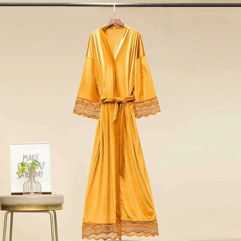 KIMLUD, Long Velvet Robes with Lace Robe Women Bride Bridesmaid Kimono Bathrobe Party Soft Lady Wedding Homewear Warm Velvet Robe Gown, Yellow / Plus size, KIMLUD APPAREL - Womens Clothes