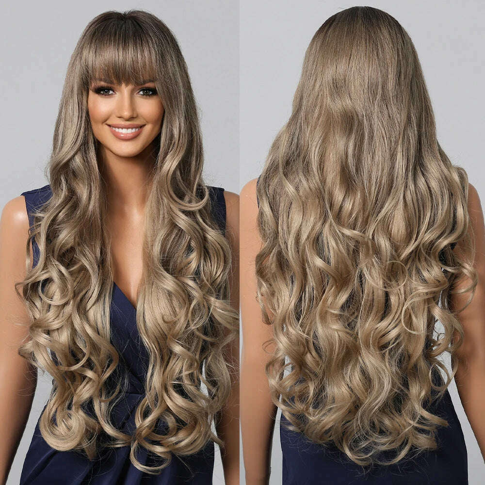 Loose Body Wave Synthetic Wigs Long Brown Blonde Ombre Wig with Bangs Wave Curl Wigs for Black Women Heat Resistant Daily Party - KIMLUD