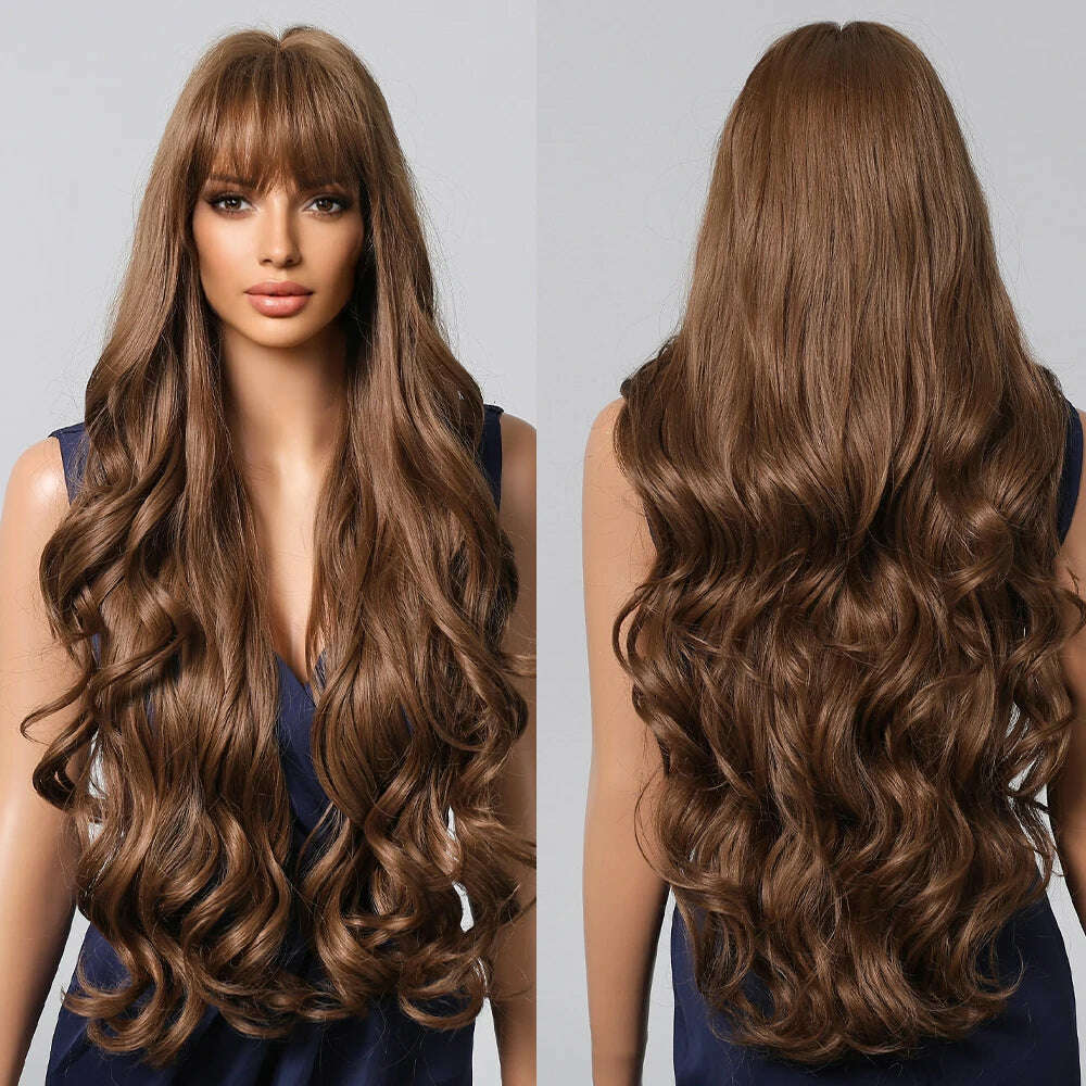 KIMLUD, Loose Body Wave Synthetic Wigs Long Brown Blonde Ombre Wig with Bangs Wave Curl Wigs for Black Women Heat Resistant Daily Party, SWLC1222-3BR30, KIMLUD APPAREL - Womens Clothes