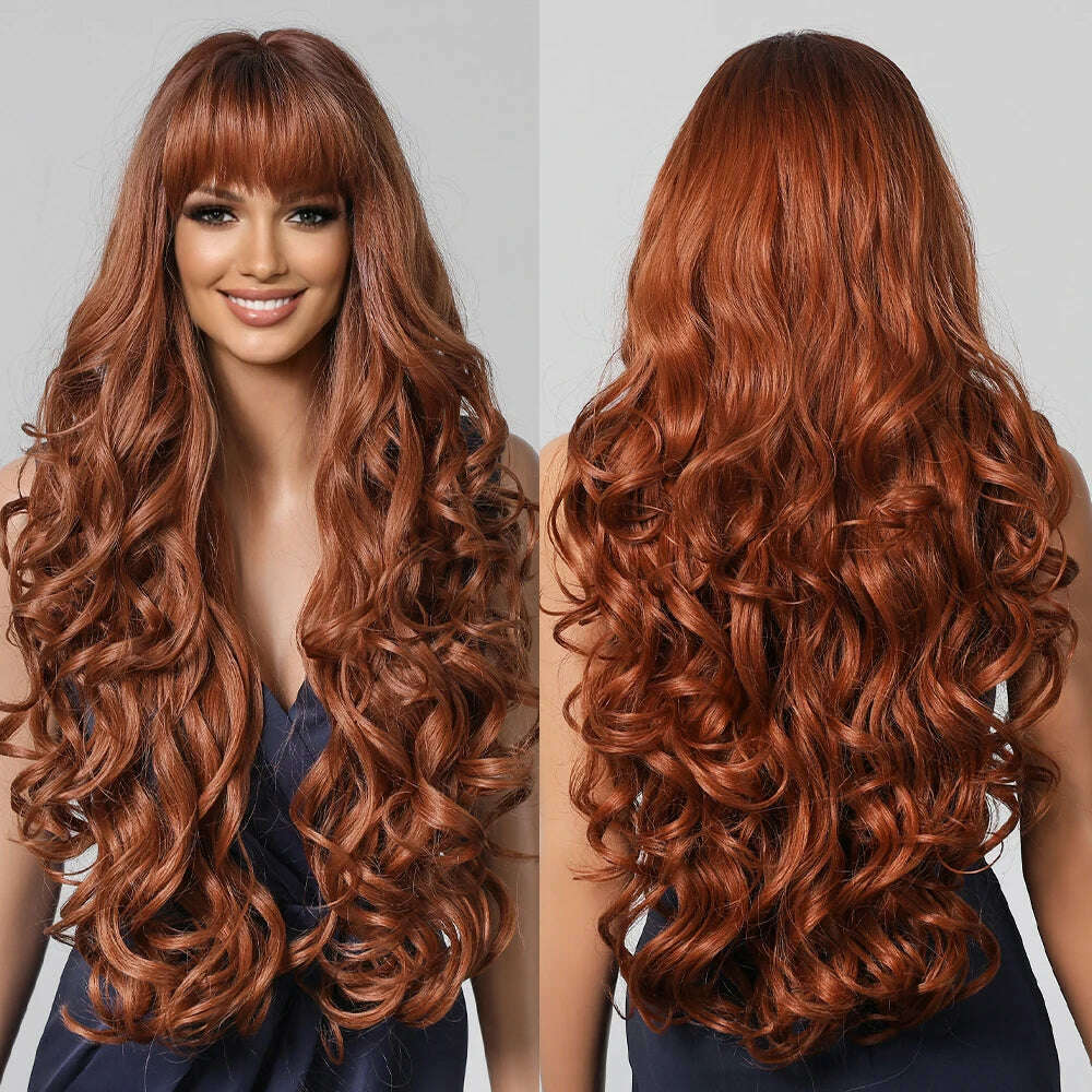 KIMLUD, Loose Body Wave Synthetic Wigs Long Brown Blonde Ombre Wig with Bangs Wave Curl Wigs for Black Women Heat Resistant Daily Party, SWLC1222-1OR30, KIMLUD APPAREL - Womens Clothes