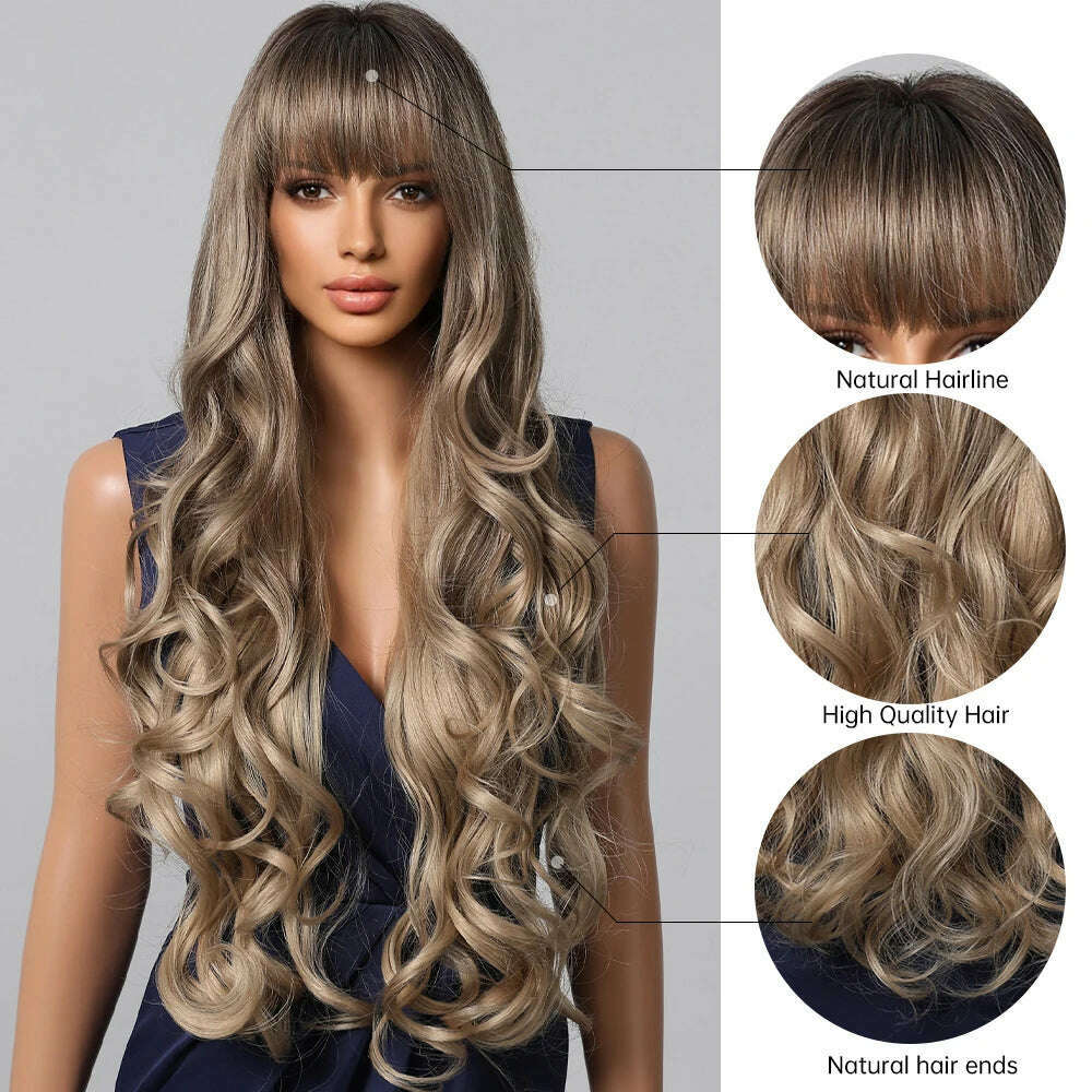 Loose Body Wave Synthetic Wigs Long Brown Blonde Ombre Wig with Bangs Wave Curl Wigs for Black Women Heat Resistant Daily Party - KIMLUD