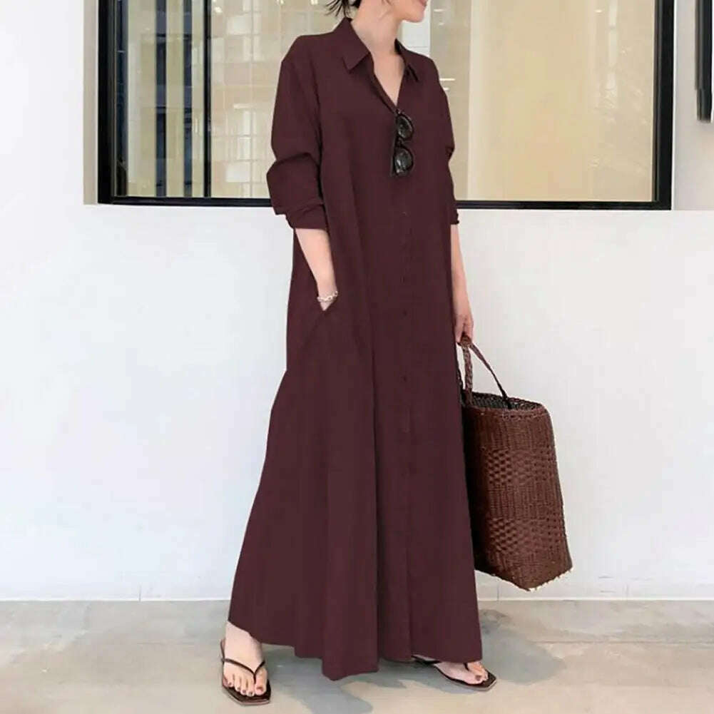 Loose Cut Button Closure Dress Spring Maxi Dress with Turn-down Collar Single-breasted Long Sleeve Ankle Length Women's Loose - KIMLUD