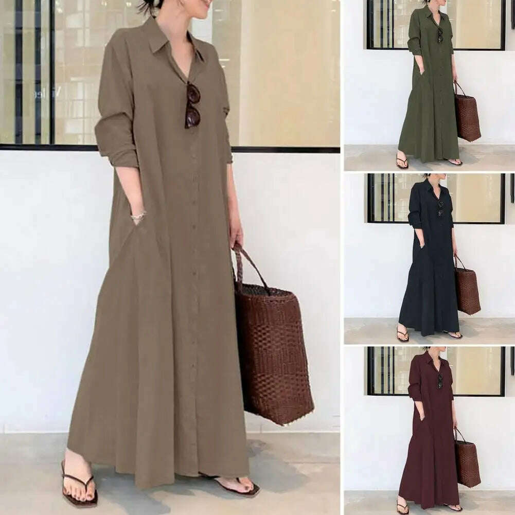 KIMLUD, Loose Cut Button Closure Dress Spring Maxi Dress with Turn-down Collar Single-breasted Long Sleeve Ankle Length Women's Loose, KIMLUD Womens Clothes