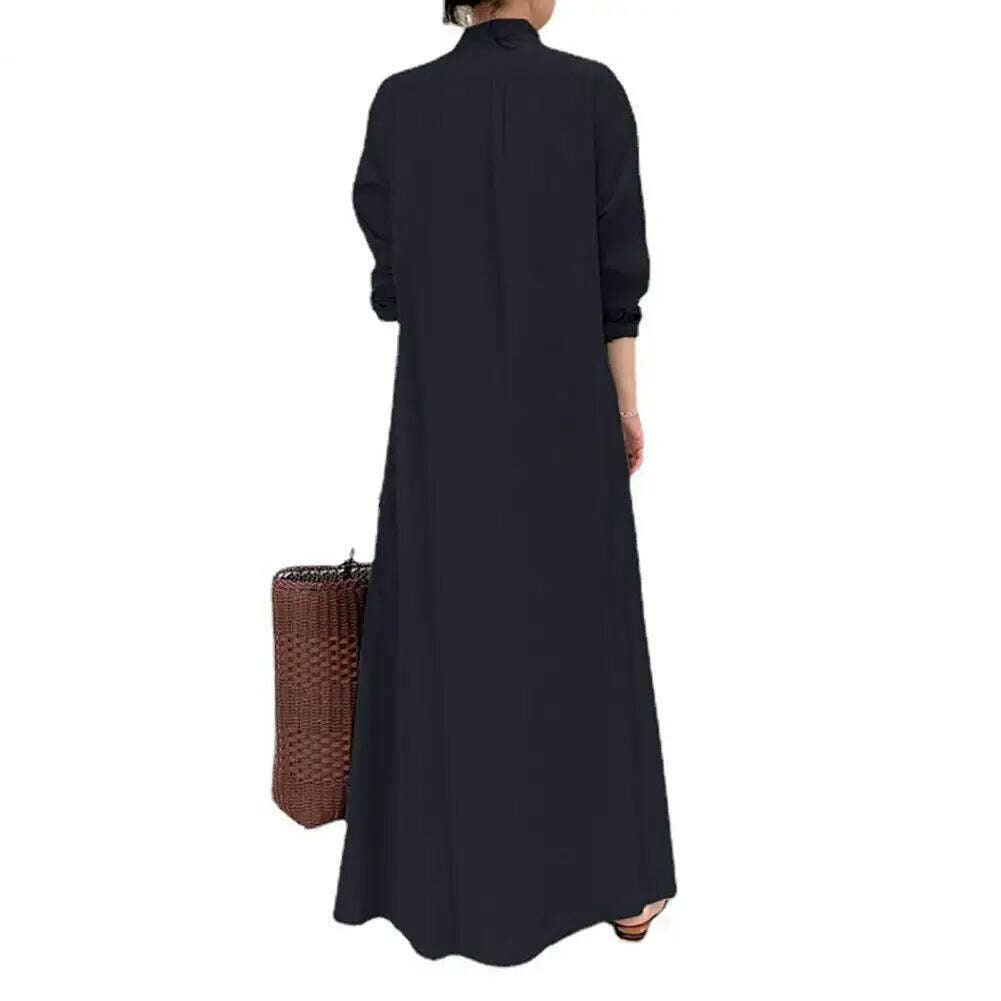 Loose Cut Button Closure Dress Spring Maxi Dress with Turn-down Collar Single-breasted Long Sleeve Ankle Length Women's Loose - KIMLUD