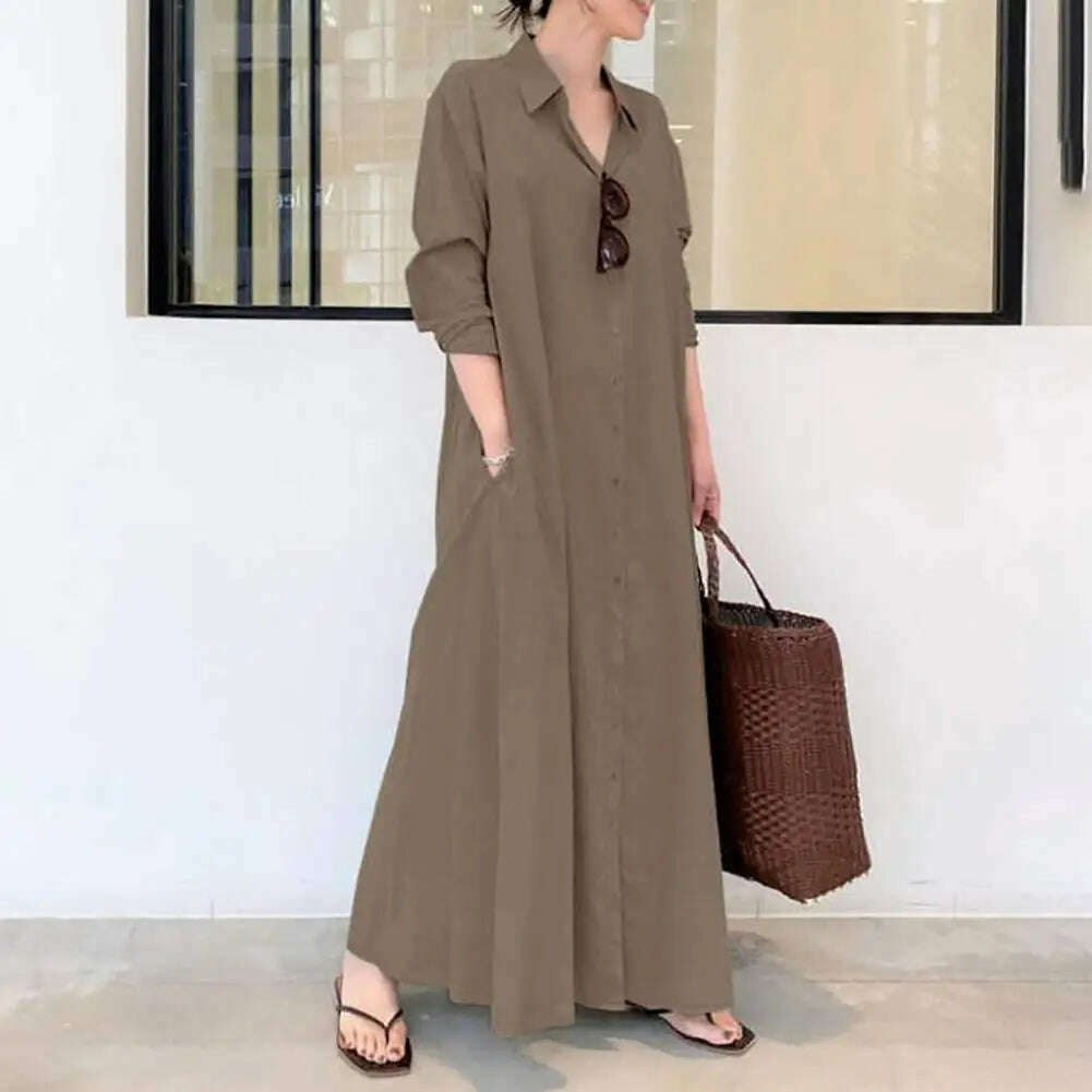 Loose Cut Button Closure Dress Spring Maxi Dress with Turn-down Collar Single-breasted Long Sleeve Ankle Length Women's Loose - KIMLUD