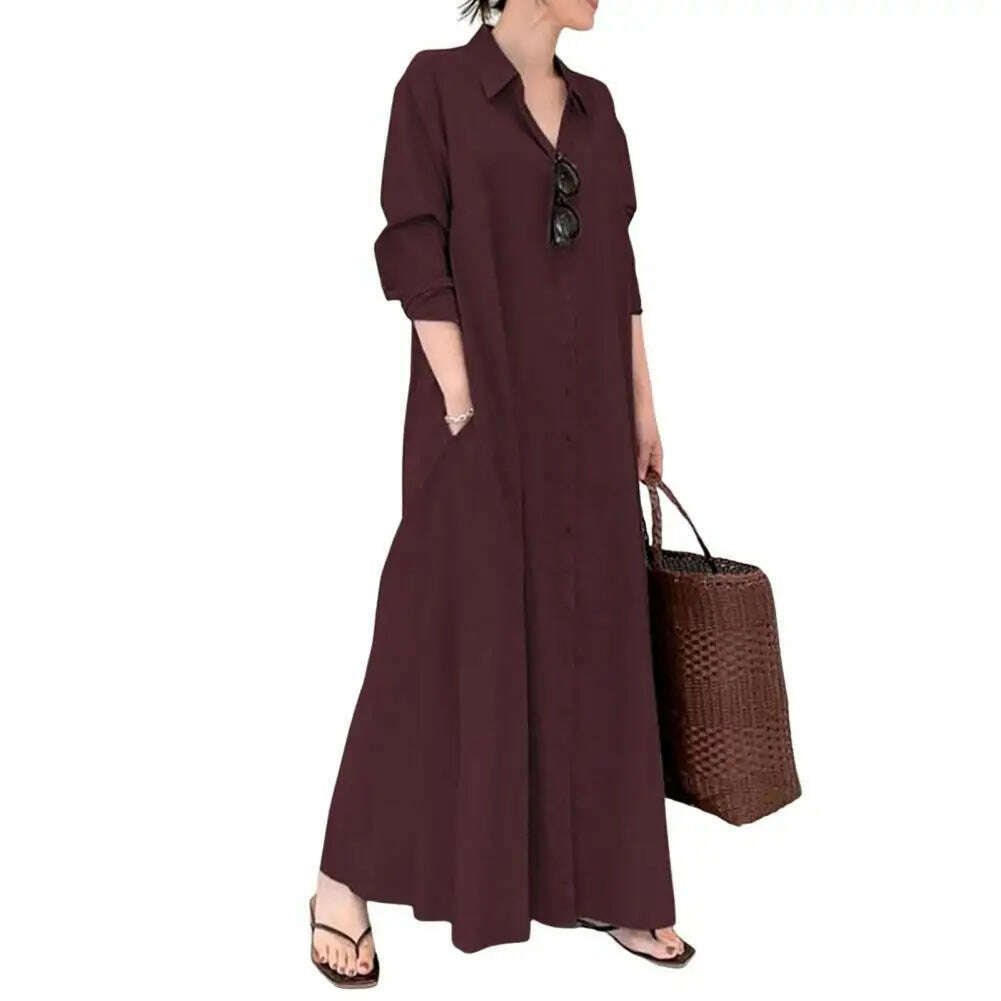 Loose Cut Button Closure Dress Spring Maxi Dress with Turn-down Collar Single-breasted Long Sleeve Ankle Length Women's Loose - KIMLUD