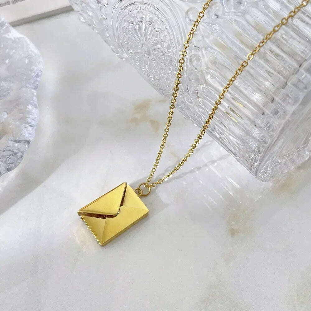 KIMLUD, Love Letter Envelope Pendant Necklace Customized Stainless Steel Jewelry Confession Love You for Valentine Day Mother Day Gift, gold, KIMLUD APPAREL - Womens Clothes