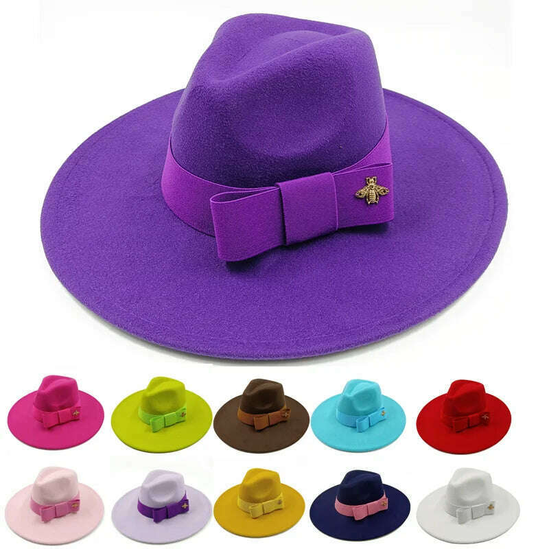 Low price wholesale Fedora hats Winter jazz monochrome bow elastic band men and women red jazz hats Fedora hats sombrero hombre - KIMLUD