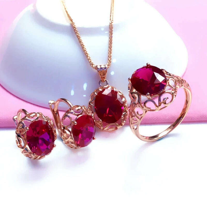 KIMLUD, Luxury 585 purple gold inlaid ruby jewelry set hollow design 14K rose gold wedding necklaces rings earrings for girlfriend, KIMLUD Womens Clothes